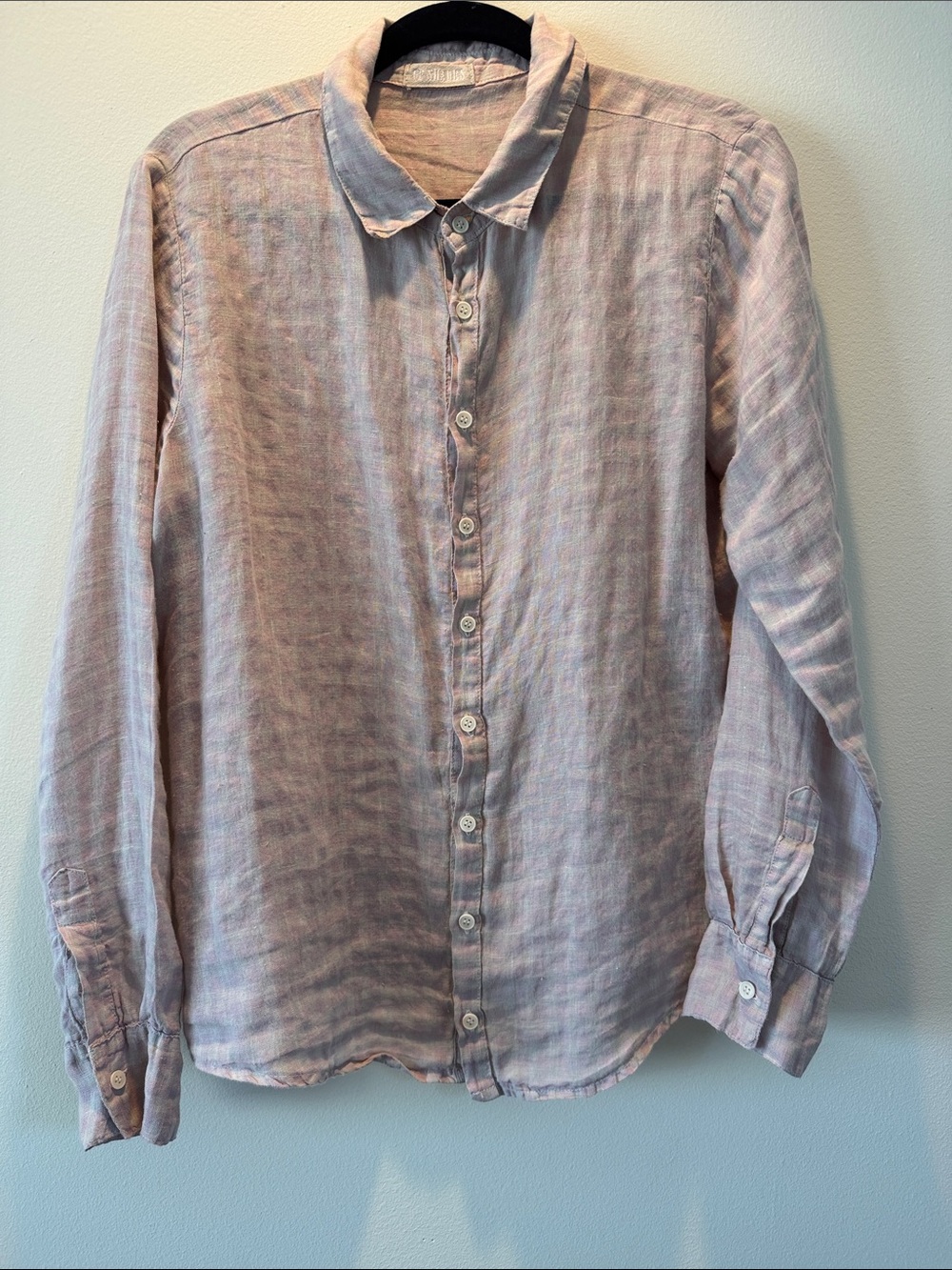 CP Shades Soft Purple and Grey Khaki Checked Linen Button-Up Blouse Size M